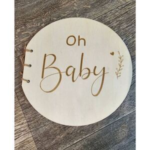 Oh Baby Wooden Round Baby Shower Guest Book, Advice, Keepsake NEW